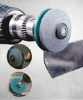 Easy No Fuss Dull Blade Sharpener Kit for Lawn Mowers and Garden Tools attached to power drill sharpening blade