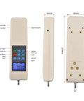 Digital Force Gauge 100N Capacity Handheld Dynamometer For Push Pull Testing With USB Data Output 3 Units N Kgf Lbf 447 Test Storage Auto Peak Modes High Resolution Sensor Easy Data Export, front and side views with dimensions