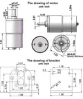 Technical drawing of DC 12V Micro Geared Motor with output shaft and 37mm diameter gearbox bracket included, dimensions and specifications.