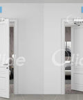 Outswing pull and inswing push open door configuration with automatic mechanisms in a modern room setting.
