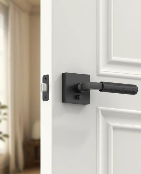 Killer Matte Black Privacy Interior Door Handles Three Pack Set For Homes with push button lock on door.