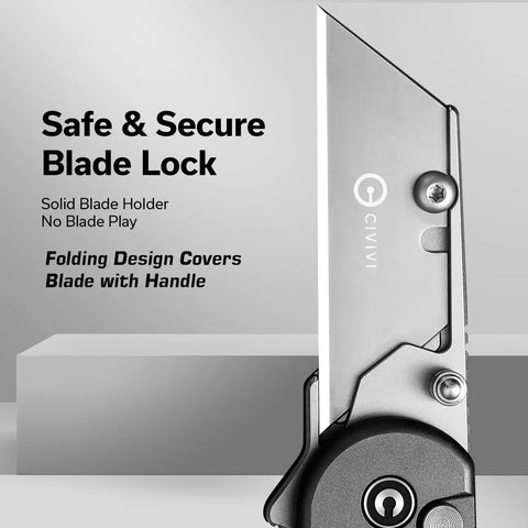 Badass Folding Utility Knife And Sleek Box Cutter With Gray Aluminum Handle showing secure blade lock for safety.