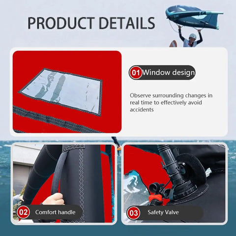 Inflatable Surfing Wing For Wind Wing Foiling And Kitesurfing, close-up on comfort handle, safety valve, and window design