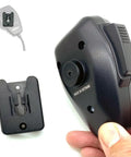Universal CB Radio Microphone Holder Mount With Adhesive Backing And Pre Drill Holes For Quick No Fuss Install Includes T Tab Clip Belt Clip And Round Knob Compatibility Works With Alinco Anytone Bao Feng Kenwood Midland Motorola Uniden Yaesu shown with hand holding and belt clip view