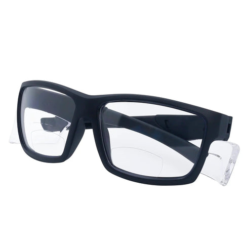 Rock Solid Safety Bifocal Glasses With Side Shields, black frames, clear lenses, ergonomic fit, side shield protection.