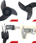 Three Blade Prop For Electric Trolling Motors Fit 55Lb 62Lb 86Lb Outboard Trolling Motors Weedless Design For Shallow Water Speed And Efficiency Includes Prop Nut And Pin High Strength Nylon Three Point Five Inch Hub with measurements and dimensions.