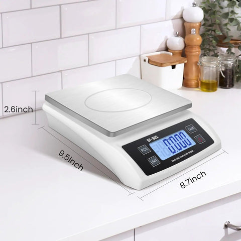 Pro Grade Digital Kitchen Scale With 66 Pound Capacity for Baking on counter, stainless steel top, LCD display.