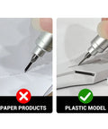 Professional Panel Line Scriber Tool Designed With Two Hella Accurate 0.1 Millimeter Tungsten Steel Blades For Flawless Model Kit Engraving Smooth Surface Detailing And Dope Quality Plastic Hobby Crafting Including Bonus Spare Blade in use on a plastic model.