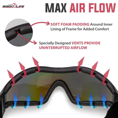 Mirage Vented Safety Goggles With Adjustable Elastic Band And Protective Pouch For Outdoor Activities, showing airflow design