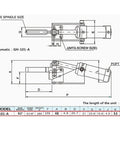 Technical diagram of a 300mm Pneumatic Hold Down Clamp for Welding and Fixtures, showing dimensions and specifications for metal fabrication.