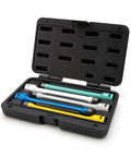 Half Inch Drive Torque Extension Set That Slaps, 8 Inch Long Sticks For Easy Clearance, Powder Coated Steel That Will Not Rust, Includes 65 Ft-Lb, 80 Ft-Lb, 100 Ft-Lb, 120 Ft-Lb, And 140 Ft-Lb Torque Sticks in open case