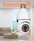 Two Pack 360 Degree Wireless Light Bulb Cameras For Indoor And Outdoor Use with 355° pan and 95° tilt in a living room setup.