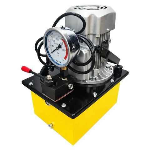 Beast Mode 21 Ton Electric Hydraulic Pipe Bender With Ten Steel Dies For Seven Eighths Through Four Inch Round Tubing Ninety Degree Bend Heavy Duty Garage Workhorse 110V showing pressure gauge and motor.