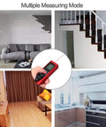 BE-TOOL Laser Measure, Laser Distance Meter (M/in/F), Mute Function Large LCD Backlit in use for measuring distances in various indoor settings.