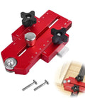 Professional Thin Rip Table Saw Jig Guide For Knocking Out Flawless Woodworking Strip Cuts Straight Up With Laser Printed Dual Scale Gauge Fits T Slot For Cabinet Builds And Router Table Runs close-up of red metal jig with dual scale, adjustable knobs and roller for precise cutting