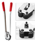 Heavy Duty Strapping Tensioner And Sealer Tool Set for PET and PP plastic straps, steel frame with heat-treated jaw, shown in detail.