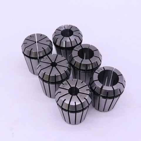 Boss Level Heavy Duty Spring Collet Set 6 Piece Precision Steel CNC Milling Lathe Workholding Chucks With Bt Extension Shank Grip Lock Tool Kit Bundle showing six precision steel collets labeled for sizes.