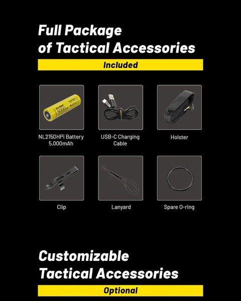 P23i Long Range Flashlight With 3000 Lumens 470 Meter Throw Rechargeable accessories including battery, cable, holster, clip