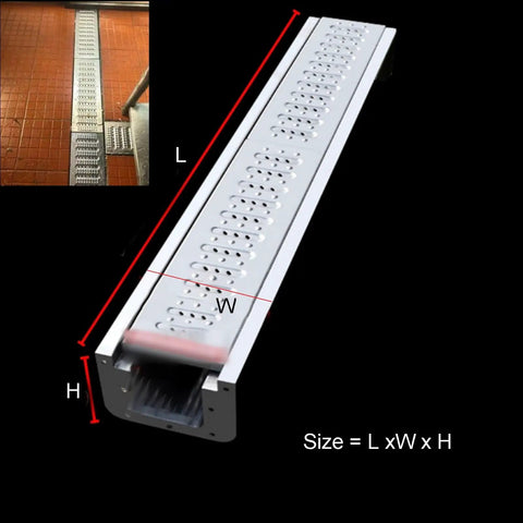 Heavy Duty 304 Stainless Steel U Shaped Trench Drainage Gutter For Patios demonstrating size dimensions L, W, H for outdoor water management.