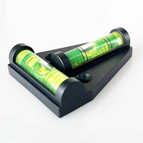 Magnetic RV Bubble Level Mini Self Adhesive T Type Leveler with bright green liquid vials on a black base, ideal for quick leveling.