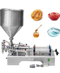 Heavy Duty Liquid And Paste Filling Machine Double Nozzle Pneumatic Piston Dispenser with various ingredients like cream and honey.