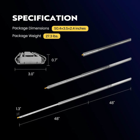 Specifications of Sturdy Heavy Duty Drawer Slides 48 Inch With Lock, 500 Lbs Capacity, showing dimensions and sections.