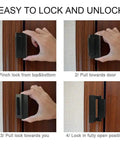 Heavy Duty Door Reinforcement Locks 4 Pack Tough As Nails Built To Last With 16 Screws Childproof Night Lock Stopping External Entry Up To 800 Lbs Black Home Security Upgrade For Toddlers And Nighttime Safety shown in use on door with locking instructions