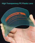 Tough As Nails Welding Helmet Outer Cover Lenses No Fuss Polycarbonate Replacement Shields For Darkening Filters Heavy Duty Heat Block, clear lens in hand.