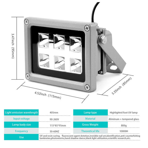 No Fuss UV Resin Curing Light for 3D Printers dimensions showing 6W 405Nm LED array and aluminum body design.