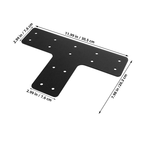 Heavy Duty Steel T Bracket Post Plate Kit With Fifty Six Socket Screws For Rock Solid Wood Fence Anchoring and Backyard Pergola Framing Project, black steel bracket with dimensions.