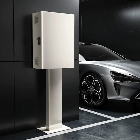 Built Like A Tank Wall Mounted EV Charger Case Weatherproof Steel Cover With Secure Mechanical Lock And Plenty Of Room For Cords Made To Survive Rough Outdoor Conditions X Large mounted beside a car.