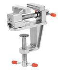 Must-Have Compact Vistreck Mini Flat Pliers Vise Clamp With 360 Degree Rotating Aluminum Alloy Table Vice Tool in silver with red handles.