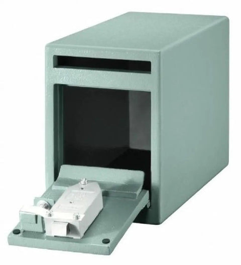 Compact Depository Safe With Dual Key Lock For Cash And Receipts, front view, steel, with open drop slot, 0.23 cubic feet, 8.5 x 6 x 12.3 inches