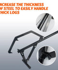 Close-up of Log Roller Lifter Heavy Duty Cant Hook For Rolling Logs Up To 25 Inch Diameter, Adjustable Log Jack With Tilt Hook, Rugged Steel Logging Tool For Yard And Forest Pro Use. Steel structure detailed view with emphasis on thickness to handle thick logs.