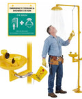 Industrial Grade Emergency Shower And Eyewash Station in 304 Stainless Steel with OSHA ANSI Z358.1 Certified sign, yellow.