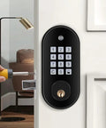 Rock Solid Electronic Keypad Deadbolt With Automatic Locking mounted on a door, showcasing keyless entry design and keypad.