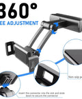 Rock Solid Tablet Headrest Mount For Tesla Cybertruck Featuring An Extendable Arm And Bulletproof Grip With Adjustable Angle showing 360 degree free adjustment.