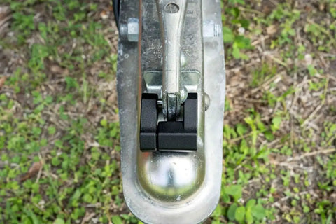 Heavy Duty Trailer Latch Lock With Two Matching Keys Solid Black Anti Theft Hitch Security For Trailers Rv Haulers And Tow Trucks, top view.
