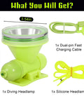 Underwater Dive Headlamp With IPX8 Waterproof, Rechargeable Scuba Light, green diving headlamp, USB cable, silicone headband