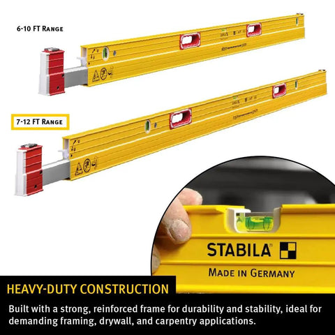 Heavy Duty Extendable Plate Level For Tall Installations 7 To 12 Feet Adjustable Height Range Precision Jobsite Tool with yellow finish and dual vials.