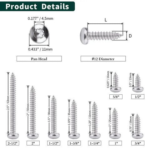 Number 12 By Three Quarter Inch Pan Head Torx Self Tapping Screws Made From 304 Stainless Steel showing dimensions and heads