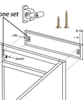 False Front Cabinet Clips With Screws Kit diagram showing installation on kitchen cabinet and drawer front, including dowel
