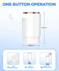 Portable Electric Water Dispenser Pump For 5 Gallon Bottles With USB Charging No Hassle Automatic Switch Rechargeable 1200mAh Battery Safe Hygienic ABS Construction Great For Home Kitchen Office Or Camping showing side view with dimensions and button operation.