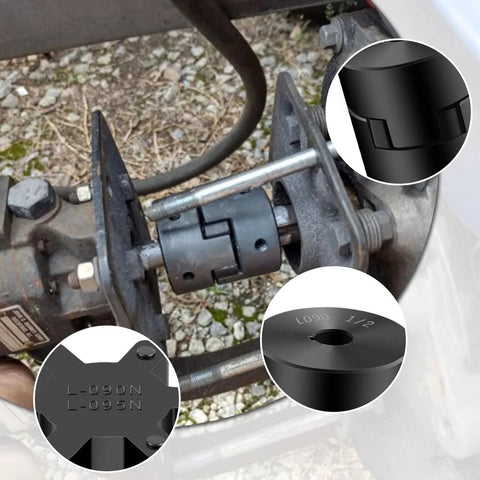 L-Jaw coupling set installed on log splitter drive shaft, 1/2–3/4 in, 3-piece with Buna-N rubber spider
