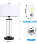 Touch Control Bedside Lamps With 2 USB Ports 3 Way Dimmable LED Table Lamps Set Of 2, dimensions, A19 bulb and base details