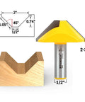 V Groove Flat Bottom Router Bit Two Inch Diameter One Half Inch Shank 45 Degree V Groove For Beveled Grooves Paneling Signage And CNC Lettering Two Flute Pro Grade Carbide Cutter With Sharp Long Lasting Edge diagram and sample cut
