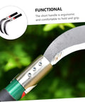 Close-up of two piece ergonomic manganese steel garden tools set for weeding, featuring pro-grade easy grip handle and scythe knife