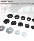Pro Grade Dimple Die Set With Backup Plates For Hydraulic Punch Kit, includes various size dies and steel backing plates on display.
