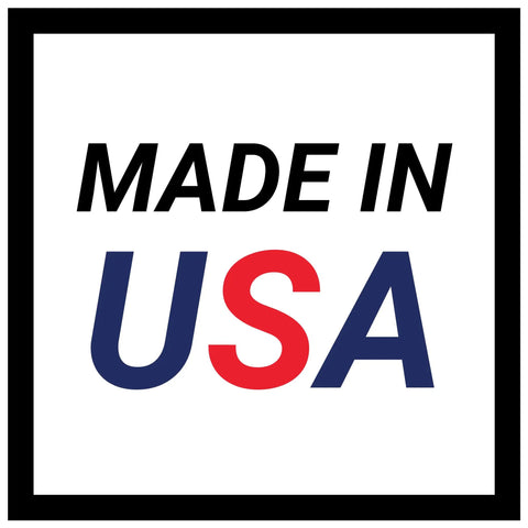 Sign with bold text 'Made in USA' in black and red letters inside a black frame on a white background.