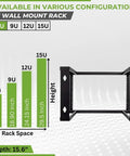 Built Tight 6U Wall Mount Rack Engineered For 19 Inch Server Hardware Open Frame Steel Rack Kicking Out Clean Airflow 16 Inch Deep showing height and depth specifications.